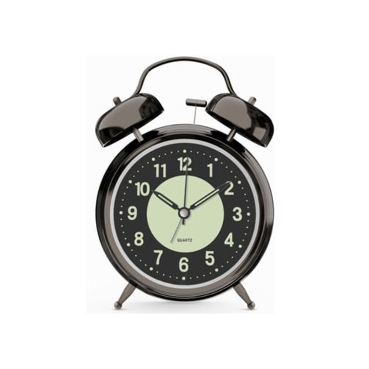 Fém dekor óra, dupla csengős ébresztő, csendes, elemmel működik, fekete-nikkel