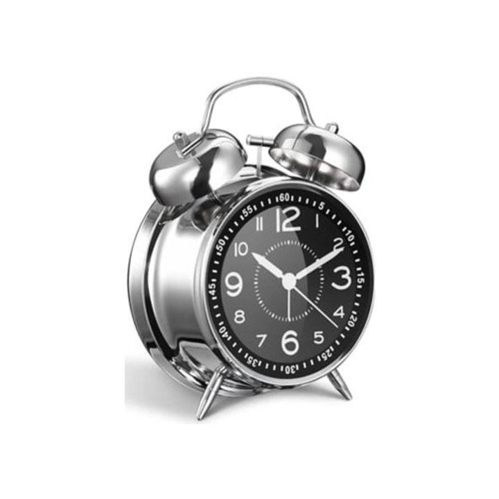 Fém dekoratív óra dupla csengővel, csendes, elemes működésű, ezüst