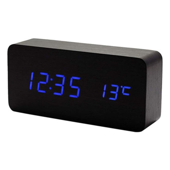 Többfunkciós digitális dekoratív óra, idő/dátum/hőmérséklet kijelző, hangvezérlés, fekete és kék