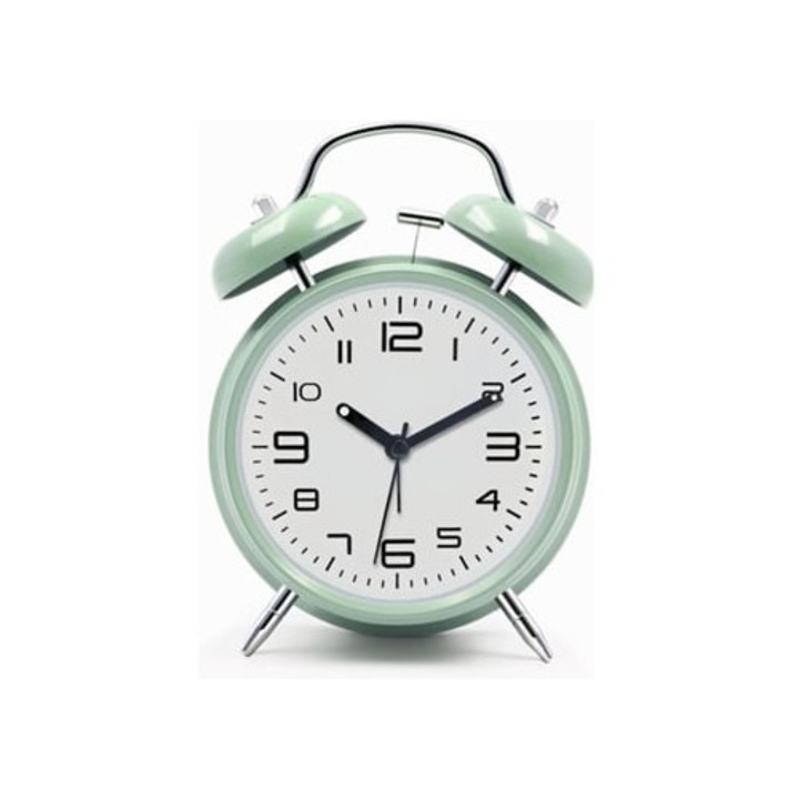 Dekoratív fém óra dupla csengővel, csendes, elemmel működő, mentazöld