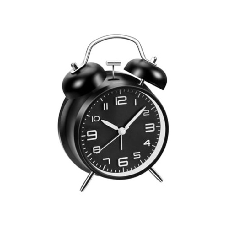 Fém dekoratív óra dupla csengővel, csendes, fekete