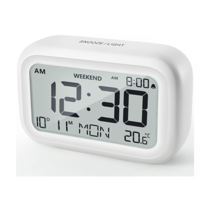 Digitális dekoratív óra, állítható hangerő, hétvégi mód, utazási zár, fehér