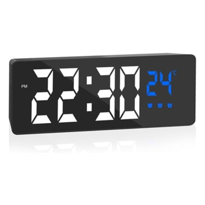 LED-es dekoratív óra nagy kijelzővel, hőmérséklettel, több riasztási móddal, 12/24 órás, szabályozható fényerővel, éjjeli asztali készlet