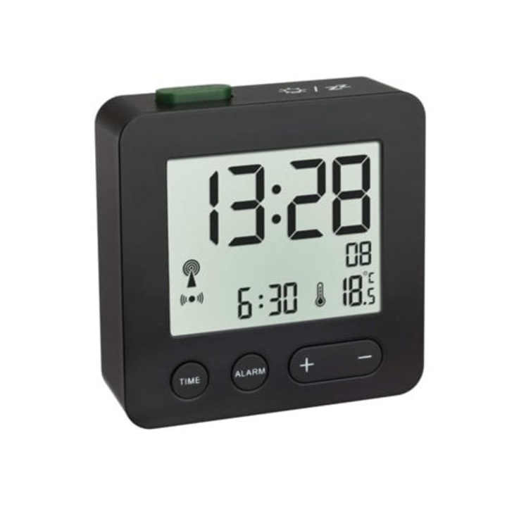 Dekoratív ébresztőóra digitális kijelzővel, hőmérővel, háttérvilágítással, szundi funkcióval, elemmel működik, fekete