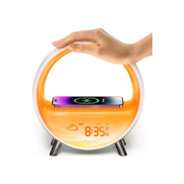 Dekoratív óra napkelte/napnyugta szimulációval, 15W vezeték nélküli töltővel, érintésvezérléssel és alkalmazással
