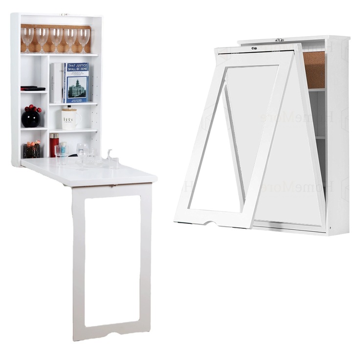 INNOVIO® 2 az 1-ben falra szerelhető, összecsukható asztal szekrénnyel és polcokkal, ellenálló MDF-ből – Fali íróasztal polcokkal, kompakt kialakítás, ideális kis helyiségekbe, irodába vagy konyhába, fehér színben