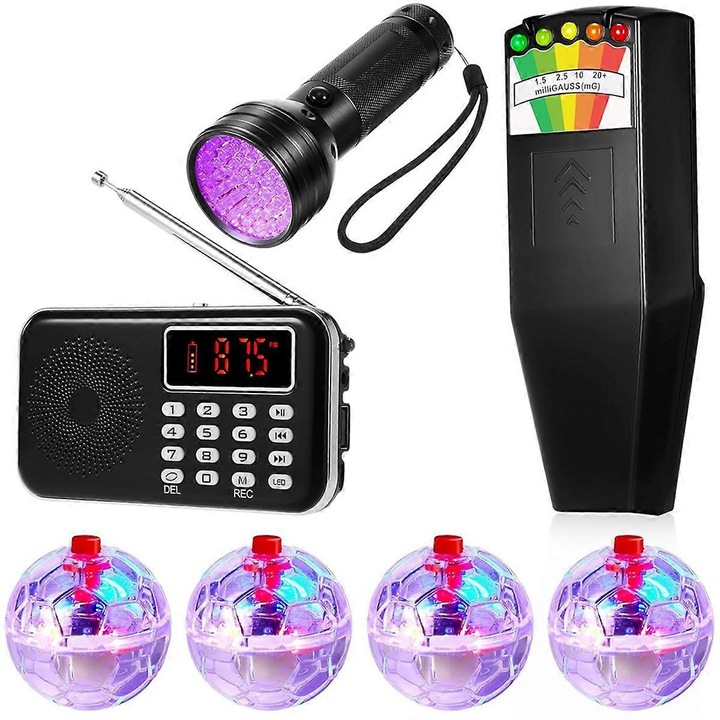 Set de echipamente pentru investigatii paranormale, 7 piese, radio portabil, detector EMF, lanterna UV, mingi LED pentru pisici