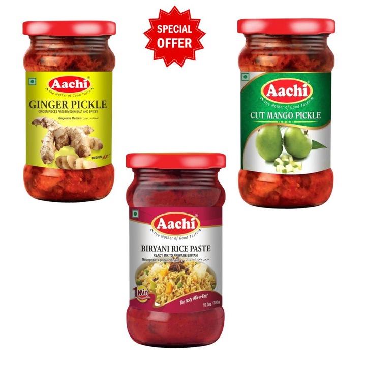 Set conserve muraturi Aachi, Mango Pickle 300g, Ginger Pickle 300g, pasta Biryani Rice 300g, multicolor