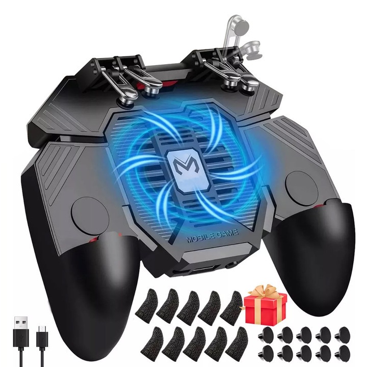 Controler mobil Joyoy® cu ventilator de racire si power bank 1200mAh pentru PUBG/Fortnite/Call of Duty, 4 tragaci, pentru telefoane de 4.7-6.5"