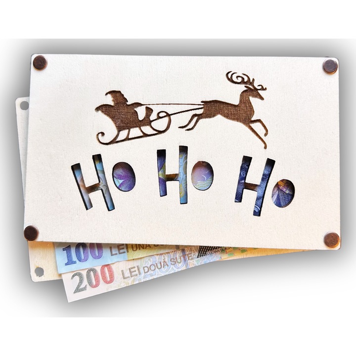 Felicitare din lemn "Ho Ho Ho", suport bani sau voucher, 17x10.5 cm, cadou de Crăciun