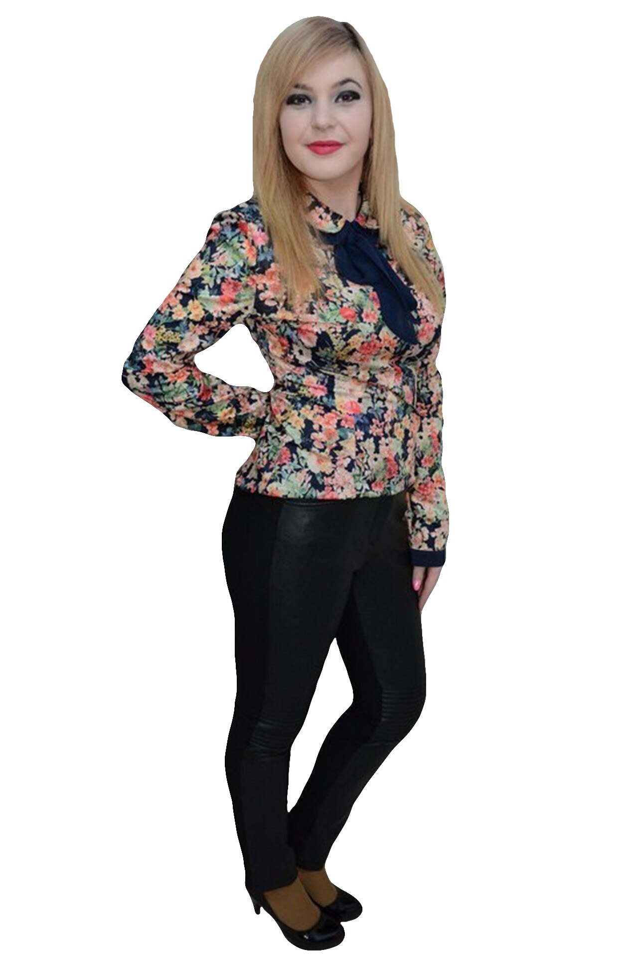 Pantaloni casual cu piele ecologica in fata, D&J Exclusive, Negru