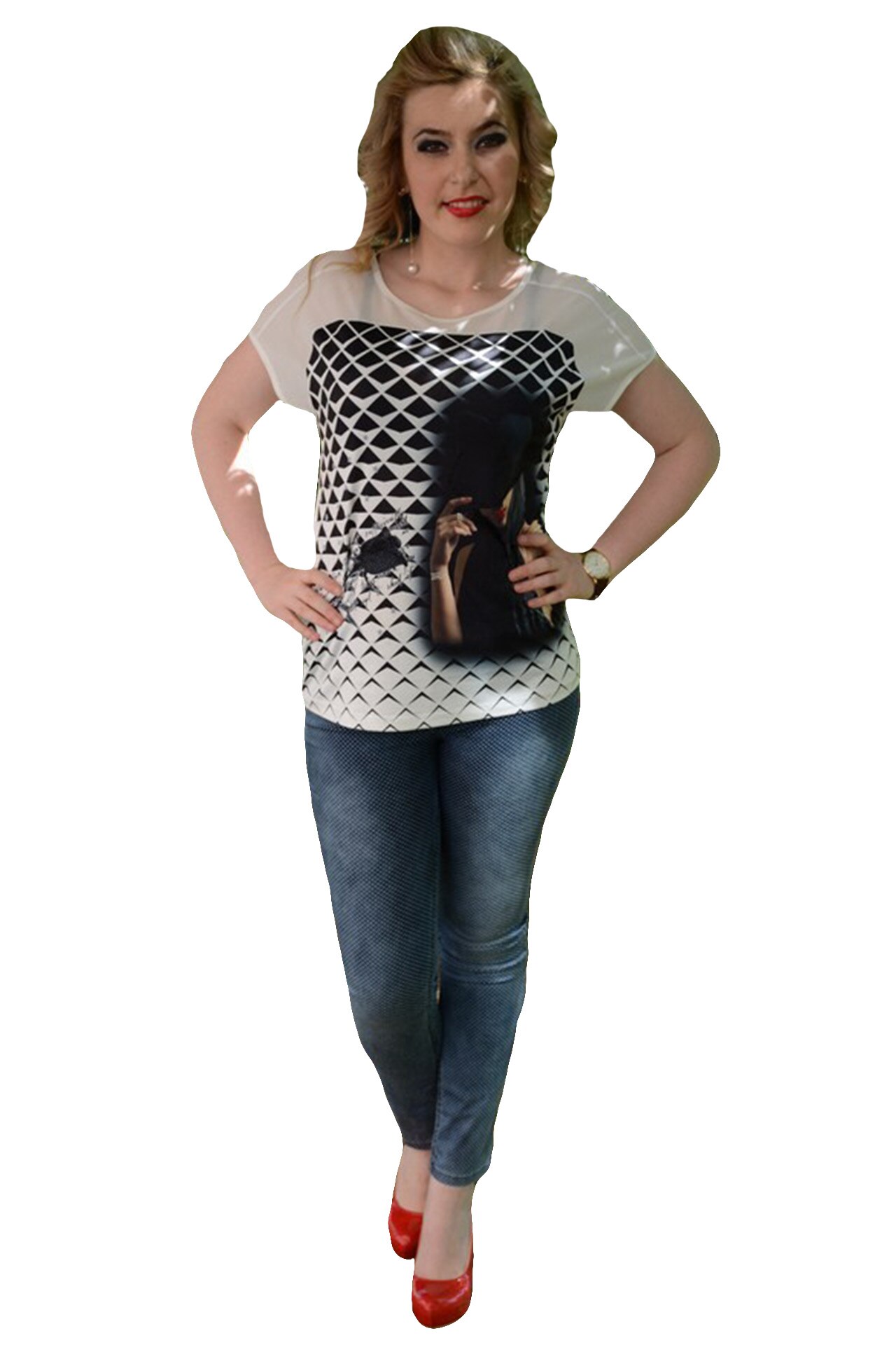 Pantaloni cu aspect de blug cambrat, design de buline,D&J Exclusive, Albastru marin