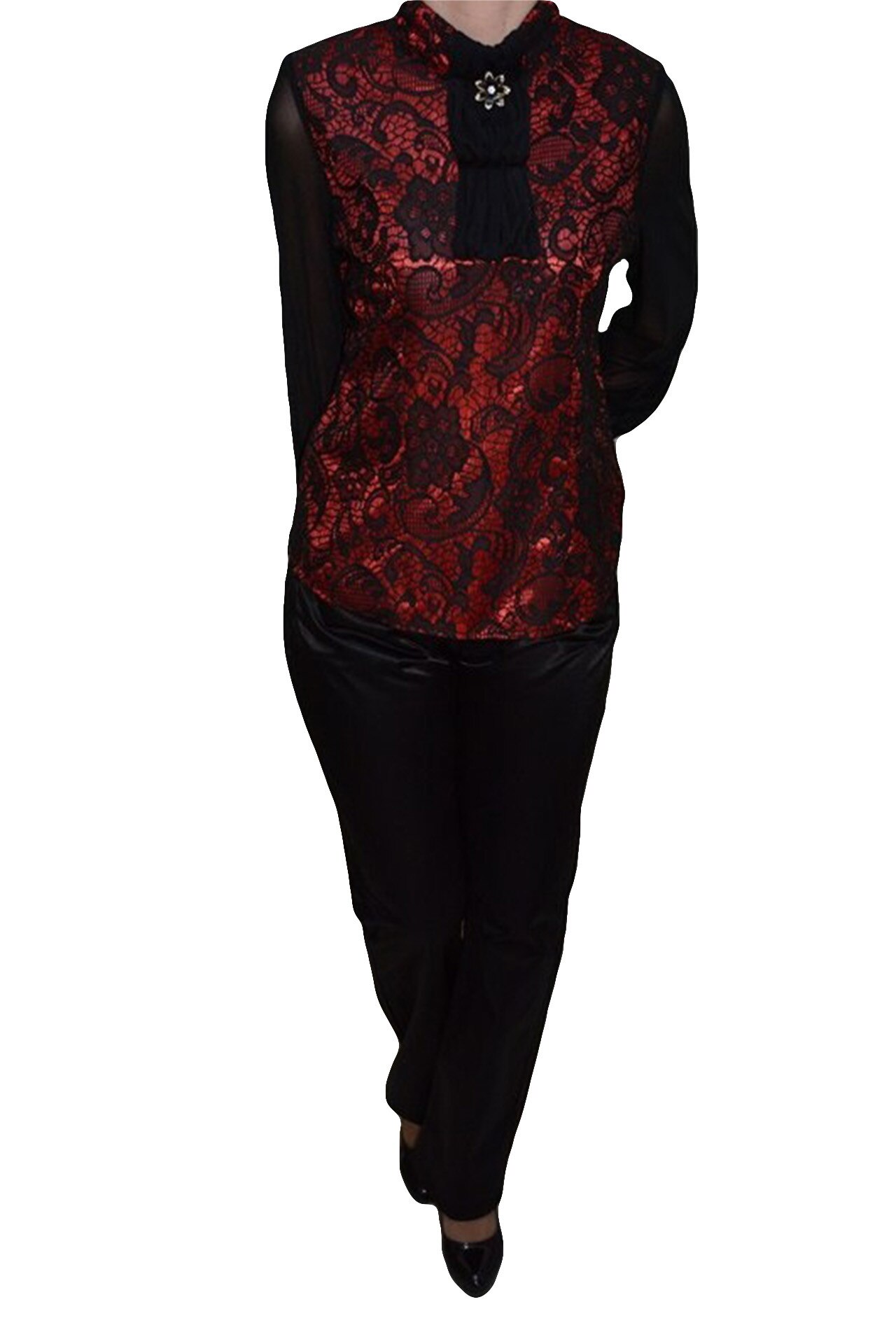 Pantaloni lungi, din material cu aspect satinat, D&J Exclusive, Negru, 32