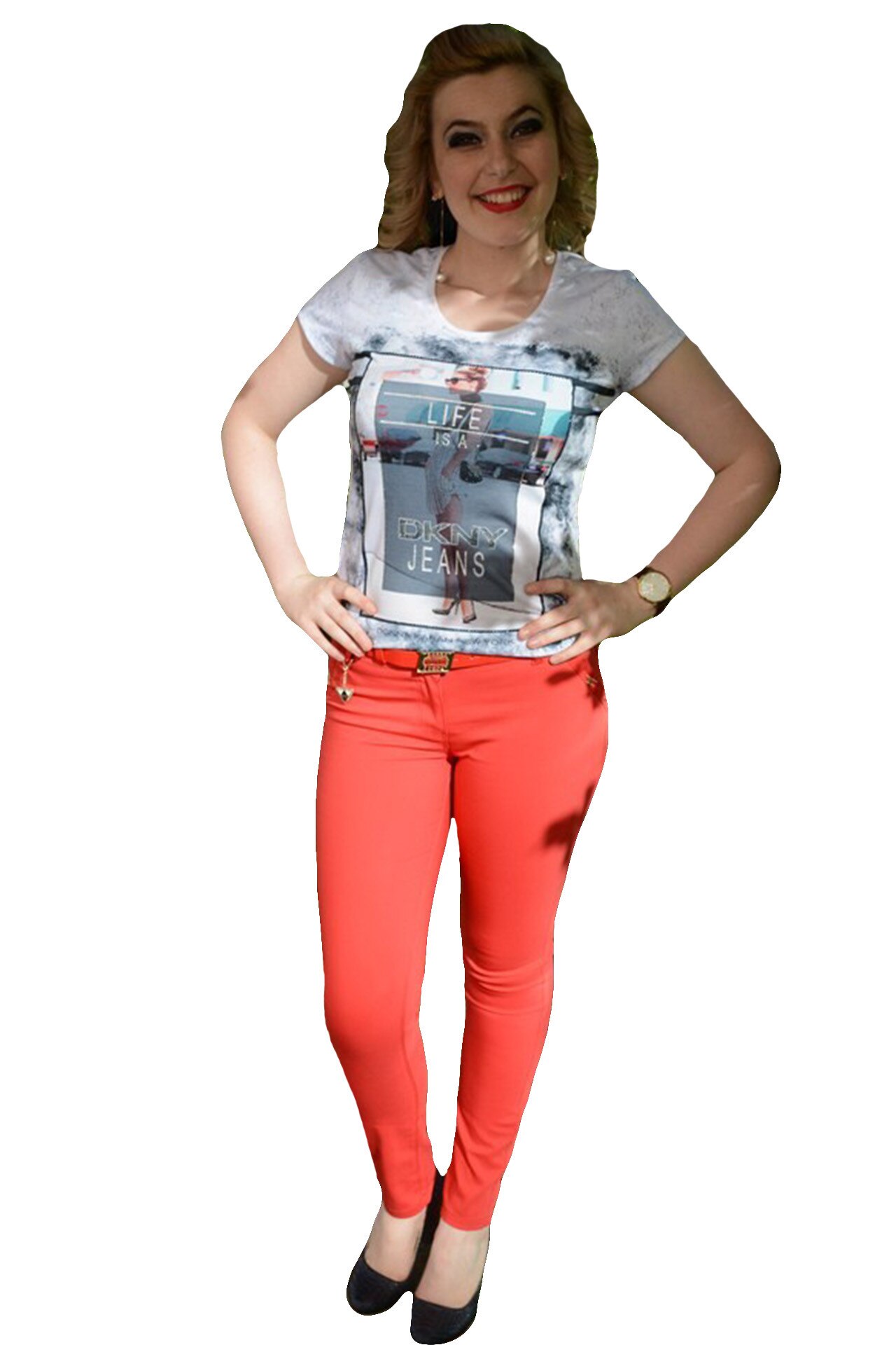 Pantaloni lungi din material de calitate cu croi tip creion,D&J Exclusive, Corai