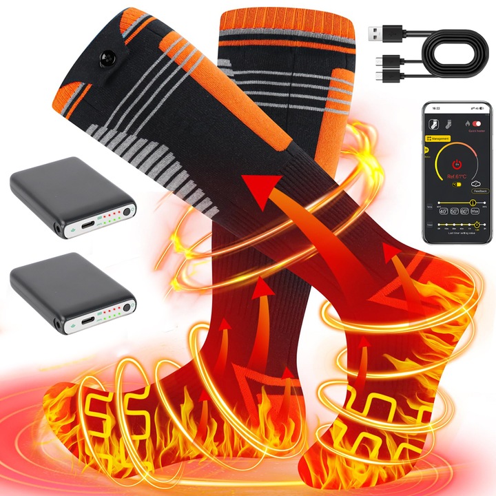 Комплект електрически отопляеми чорапи, с включени Power Banks, 4 степени на топлина, презареждащи се, много голяма батерия от 6000 mAh, дълъг живот до 65 °C, голяма зона на нагряване, с управление чрез приложение, размер 41-46, черен