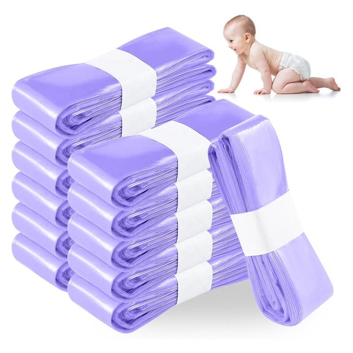 Set 12 saci de umplere pentru galeti pentru scutece, AKKEE®, Pungi igienice parfumate pentru scutece, Rezistente la mirosuri si cu bariera inalta, Plastic, 26 x 4 x 4.5cm, Violet