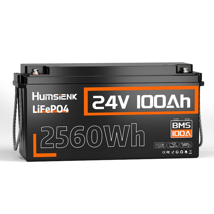 Acumulator LiFePO4 24V 100Ah cu BMS inteligent – 2560Wh, 20kg, 482×170×241mm, pentru camper, solar, barca, off-grid, fara intretinere