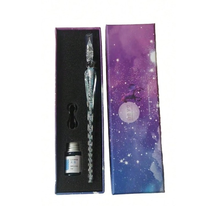 Set cadou stilou cu cerneala, suport si borcanas – ideal pentru caligrafie, pictura, birou sau elevi