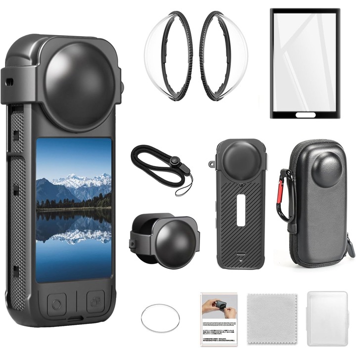 Комплект аксесоари за камера Insta360 X5, силиконов калъф, капачка за обектив, защитно фолио от закалено стъкло, протектор за екран, комплект аксесоари за пътуване, черен