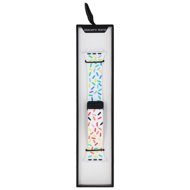 Curea pentru Apple Watch, GlacierX, Cataramă magnetică silicon White Confetti, Multicolor, 19x2cm