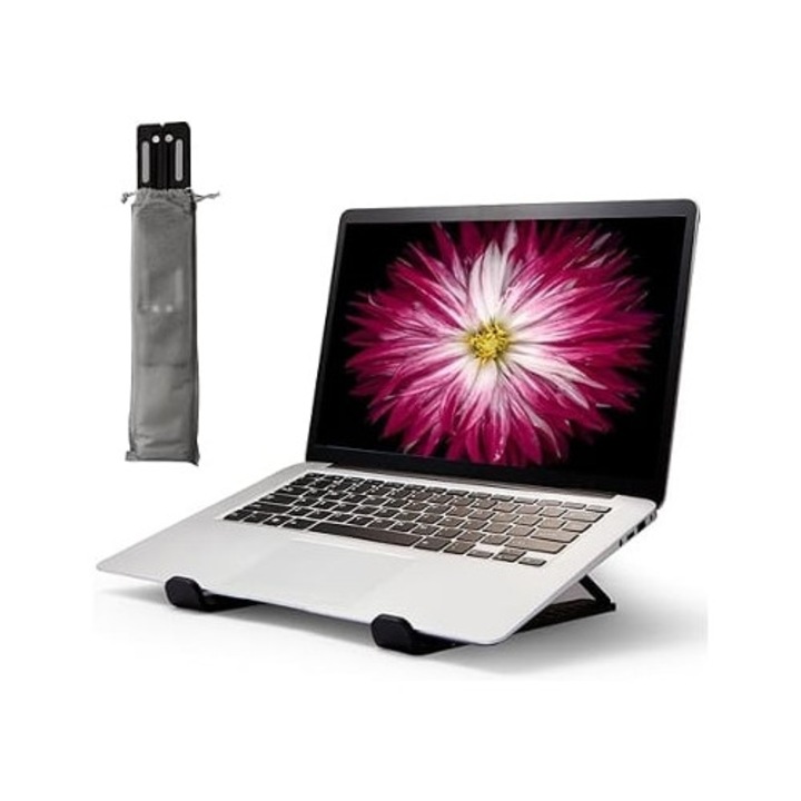 Suport laptop din aluminiu, design portabil pliabil, ajustabil pe mai multe unghiuri, racire eficienta, 30x25x10cm