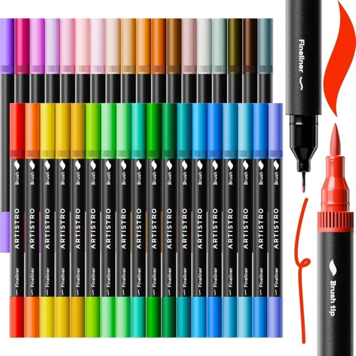 Markere cu varf pensula Markere de colorat pentru adulti cu varf pensula si pixuri fineliner de 0, 4 mm