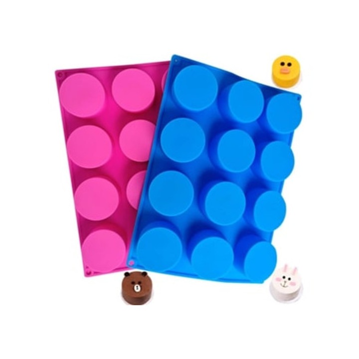 Matrite cilindrice din silicon cu 12 gauri pentru ciocolata, dulciuri, sapun, briose, cupcake, brownie, prajituri, budinca, biscuiti albastru, roz