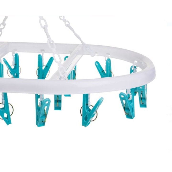 Сушилник за Дрехи Овален с 20 Щипки, Бяло-Син, 44x32x35 см – Компактна Окачена Закачалка от Издръжлива Пластмаса, Идеална за Чорапи и Бельо