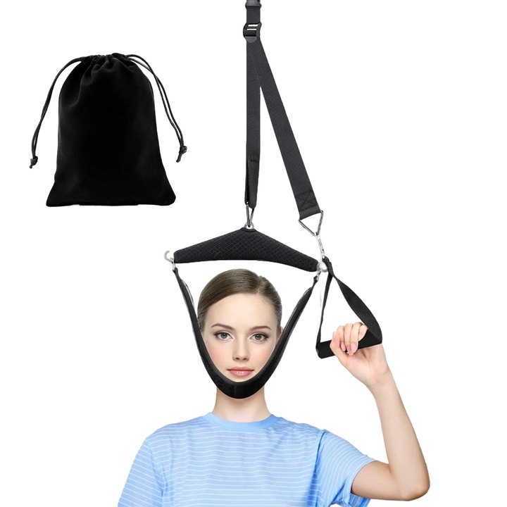 Targa cervicala portabila, suport de tractiune cervicala, ajutor de kinetoterapie pentru decompresia gatului, intindere si decompresie a gatului, suport cervical, set pentru uz casnic, dimensiune reglabila, inel de tragere, potrivire confortabila, negru