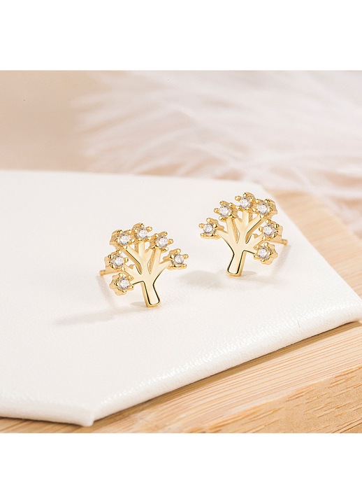 Cercei din Argint 925, Model Copac al Vietii, Placat cu Aur 14K cu Zirconiu, Eleganti si Delicati, pentru Femei, Stil Minimalist,0.8x0.9 cm, Auriu