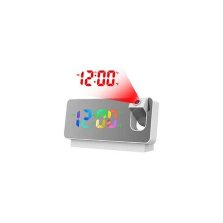 Ceas decorativ digital cu proiectie LED, alarma, ajustare temperatura si luminozitate, USB
