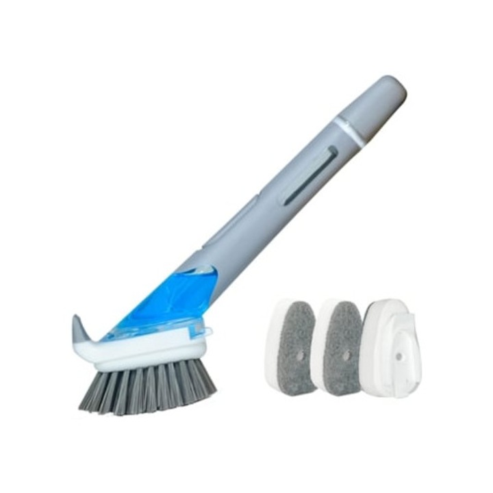 Perie de vase cu dozator de sapun, 3 rezerve, gri/albastru