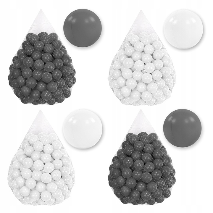 Set 200 de Bile 7CM pentru Joaca si Piscina Uscata pentru Copii, Material plastic LDPE Sigur, 7 cm, Tuppi, Numar set T53, Gri si Alb