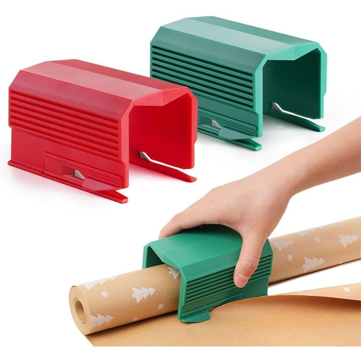 Set de 2 foarfeci pentru taiat hartie de cadou, rosie si verde, design compact, anti-alunecare