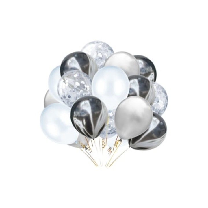 20 darabos fehér és ezüst konfettis lufi szett NEVEANCE születésnapi partira