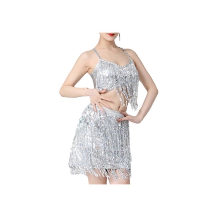 Rochie de dans latina pentru femei, cu sutien incorporat si esarfa cu franjuri cu paiete, costum de Halloween