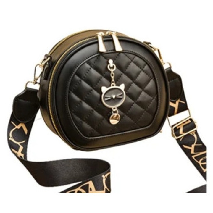 Малка кръгла дамска чанта за рамо от кожа, черна, размер S