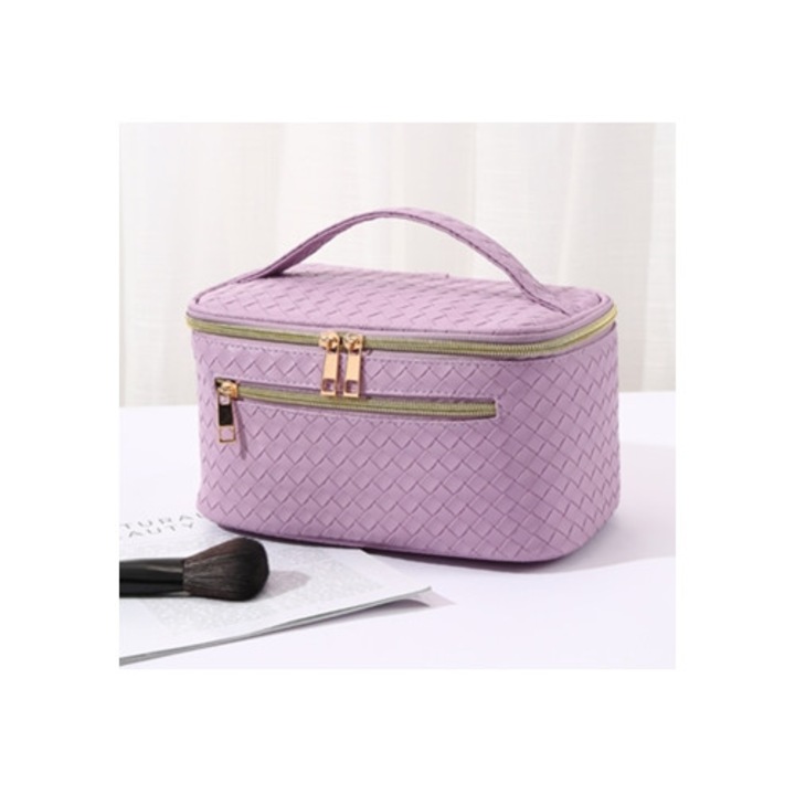 Husa organizator de calatorie pentru machiaj si pensule, din nailon impletit, mov deschis, pentru femei.