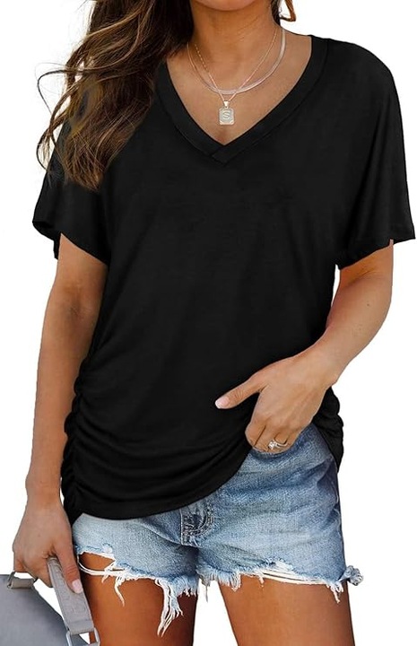 Tricou lejer de vara, cu guler in V, maneca scurta, negru S