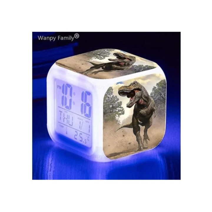 Dinoszaurusz dekoratív ébresztőóra, 7 világító szín, gyermekszobába