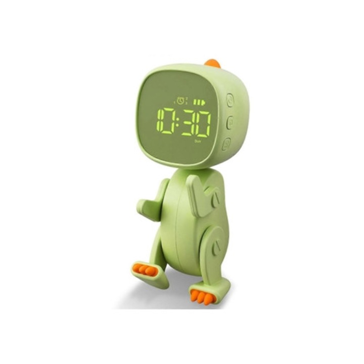 Dekoratív gyermekóra, dinoszaurusz design, szundi funkció, éjszakai fény, zöld