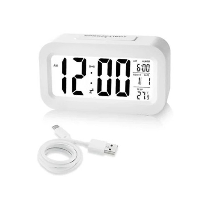 Ceas deșteptător reîncărcabil, digital, cu senzor de lumină, alb, DB Aquaforge