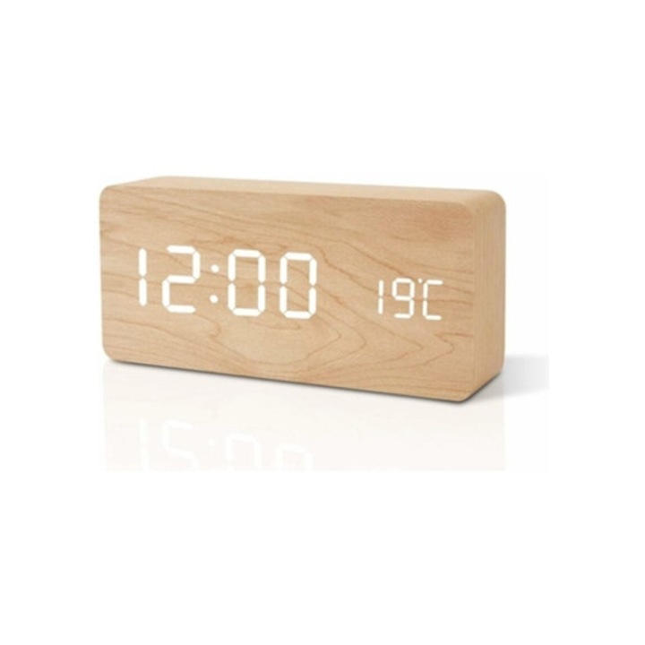 Fehér bambuszfa dekoratív asztali óra, LED ébresztőóra, dátummal, hőmérséklettel, USB porttal, elemmel működik