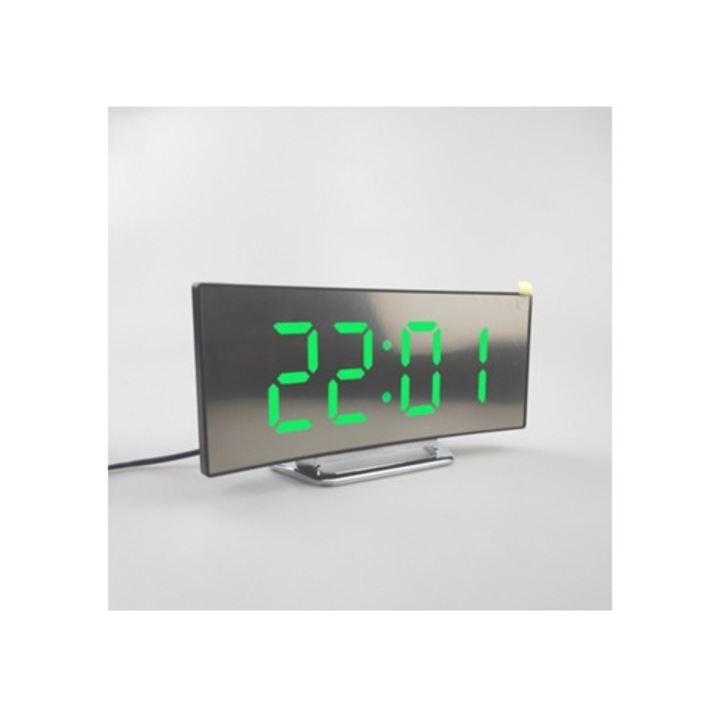 Nagy digitális dekoratív óra többfunkciós LED kijelzővel, tükör felülettel, zöld, 30x10cm