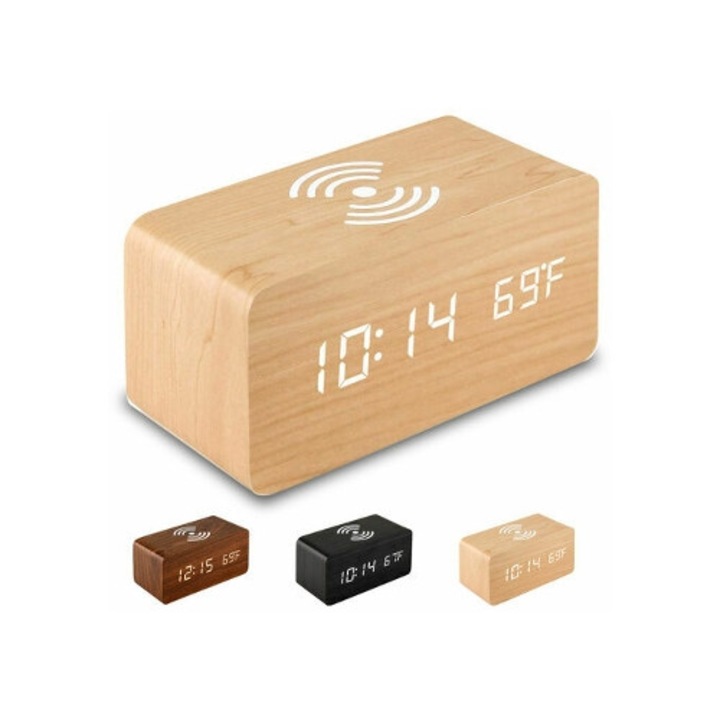 Digitális asztali óra vezeték nélküli töltéssel, LED kijelzővel, hőmérséklettel, Aquaforge Bronzer