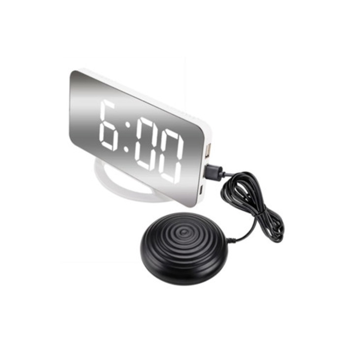 Dekoratív ébresztőóra vibrátorral, Aquaforge F8, mély alváshoz, digitális tükör, fekete