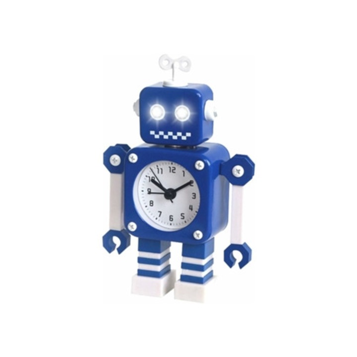 Robot dekoratív óra rozsdamentes acélból világító szemekkel és forgó karral, többszínű
