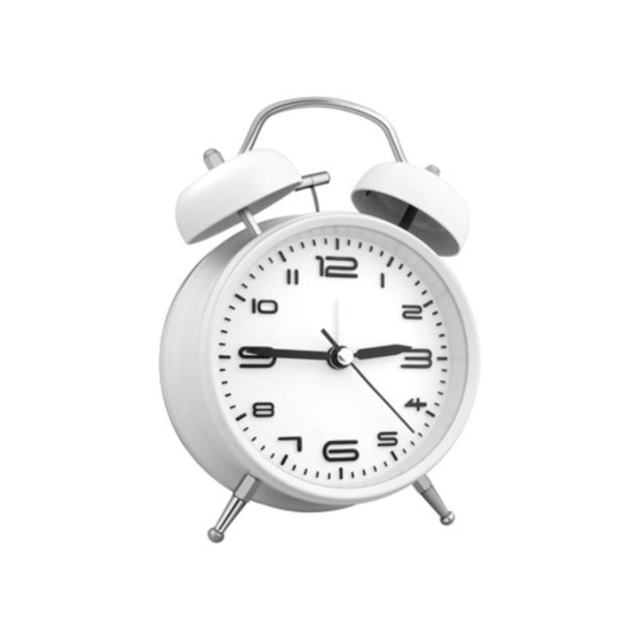 Dekoratív ébresztőóra Twin, retro, éjszakai fénnyel, fehér, gyerekeknek