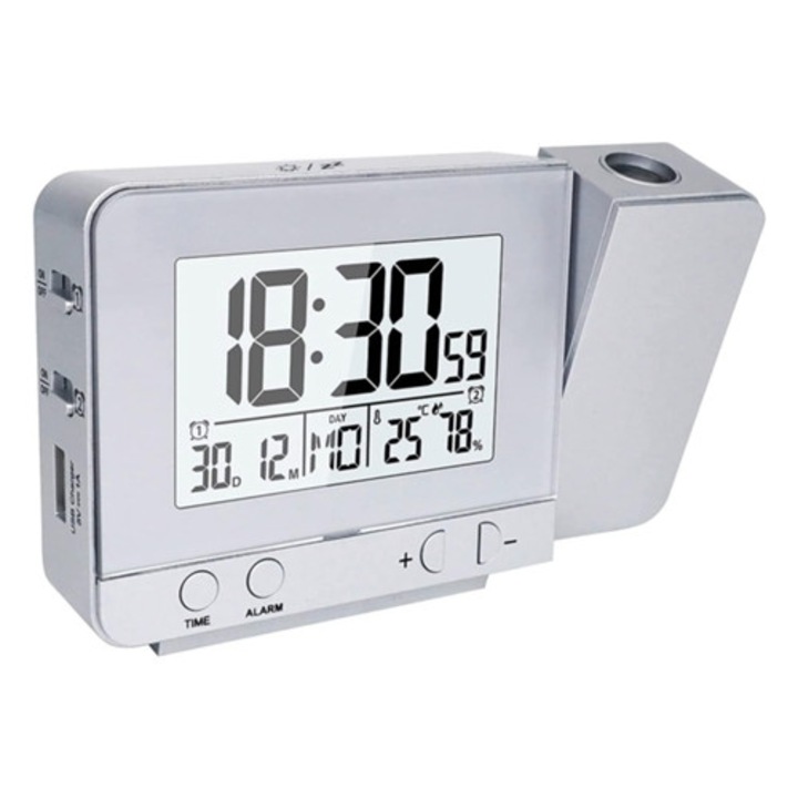 Aquaforge dekoratív óra, ezüst LED digitális óra vetítéssel, belső hőmérséklet-vetítés 4 szinten