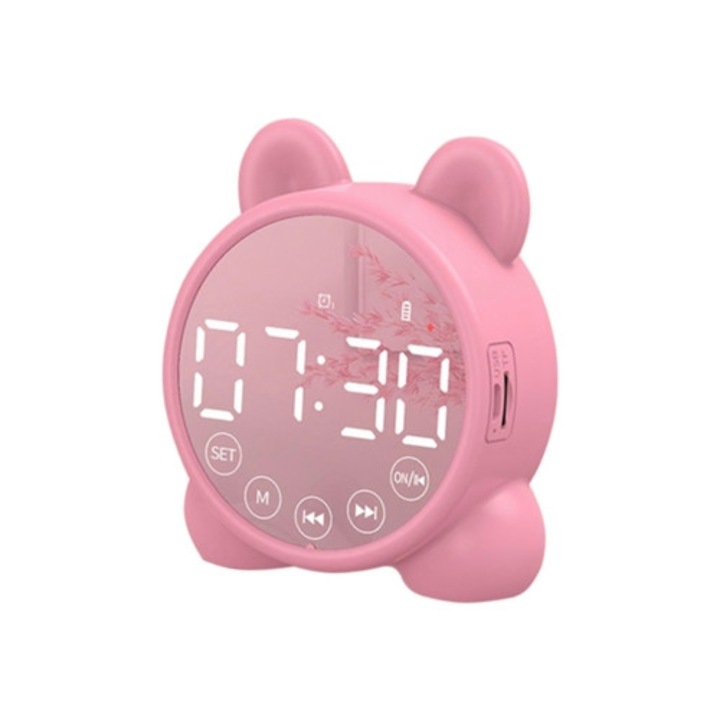 Gyermek ébresztőóra Bluetooth hangszóróval, tükrös éjjeli óra, rózsaszín, Aquaforge
